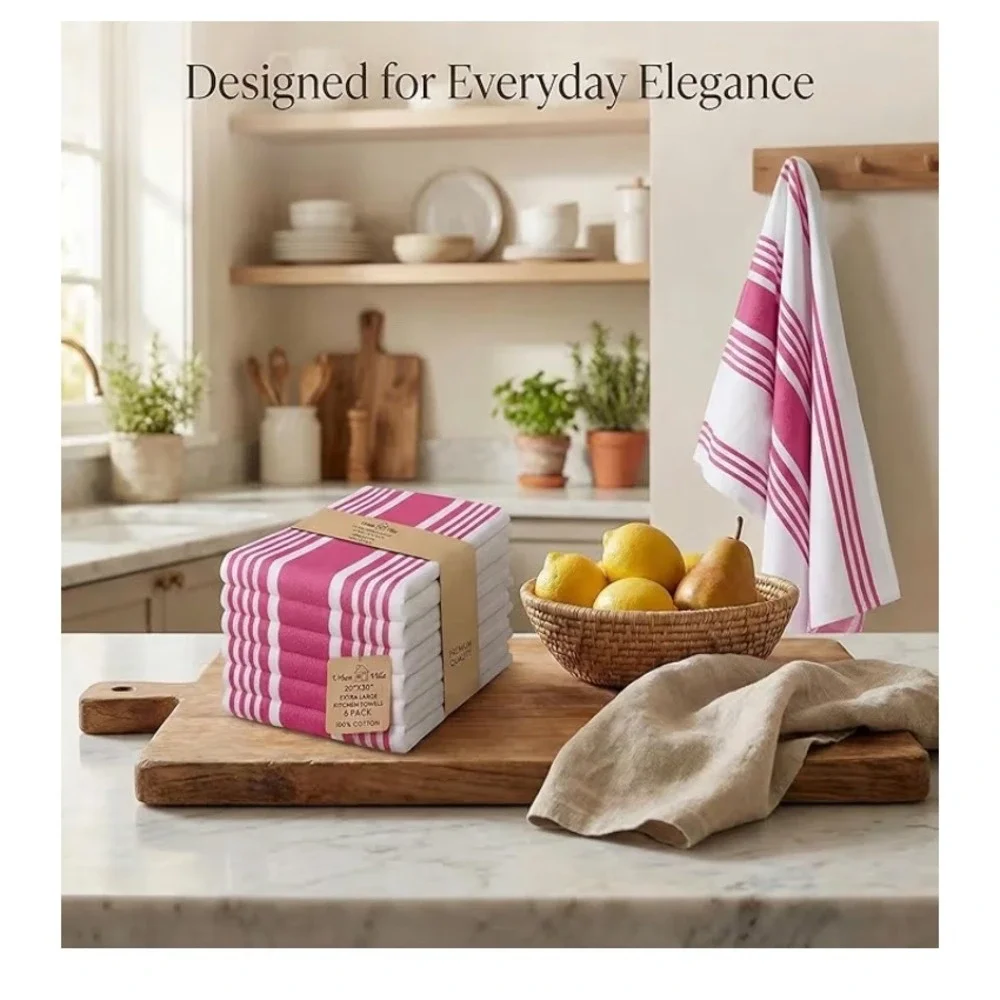Urban Villa 6 Pack Kitchen Towels 20x30 XL 100% Cotton Pink White Stripe